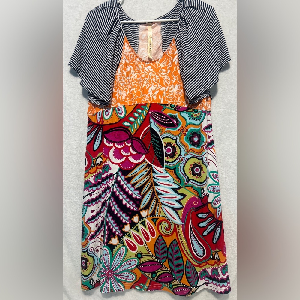 Uncle Frank Floral Multicolored Striped Short Sleeve Crew Neck Midi Dress